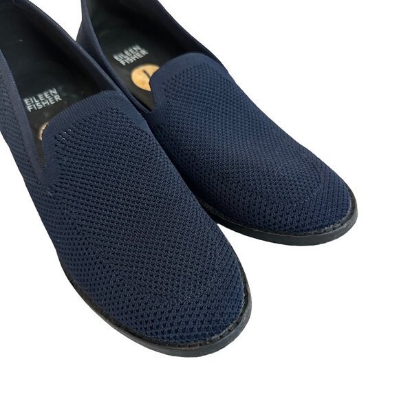 Eileen Fisher Dern Stretch Knit Pumps Heels Loafers Navy Blue Perforated Size 7 - Picture 5 of 10